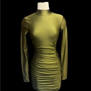 Olive Green Long Sleeve Ruched Dress
